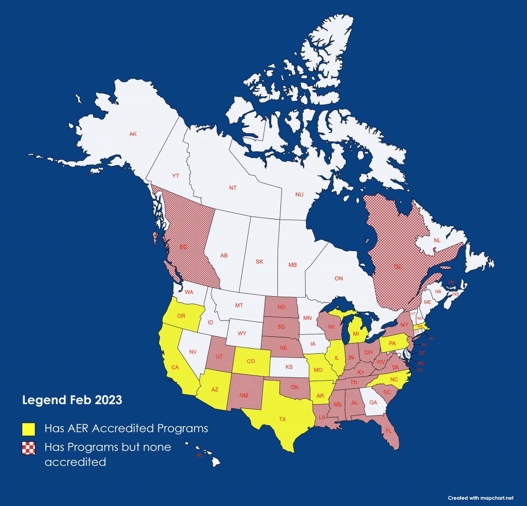 Map of United States and Canada that shows locations of accredited programs. For more details than found on the map, see link above.