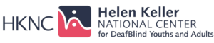 Helen Keller National Center for DeafBlind Youth and Adults logo. Blue and red square. 