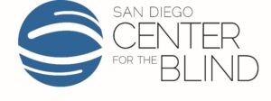 San Diego Center for the Blind logo: a blue sphere is on the left, with white lines coming across it in the shape of an eye. On the right is the organization’s name.