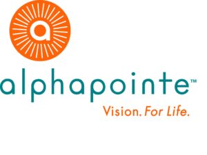The logo features a stylized orange sunburst with white lines radiating from the center, where a lowercase "a" is prominently displayed. Below the sunburst, the word "alphapointe" is written in large blue letters, accompanied by the tagline "Vision. For Life." in smaller orange text underneath. The background of the image is plain white, allowing the logo to take center stage.