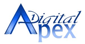 Digital Apex logo features a large stylized blue “A” with the word “Digital” over it in script and “Apex” below in bold gradient letters.